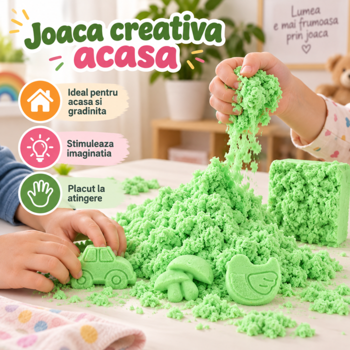 Nisip kinetic pentru copii VarioShop®, modelabil, reutilizabil, pentru joaca acasa, gradinita si activitati senzoriale, 1 kg, verde [4]