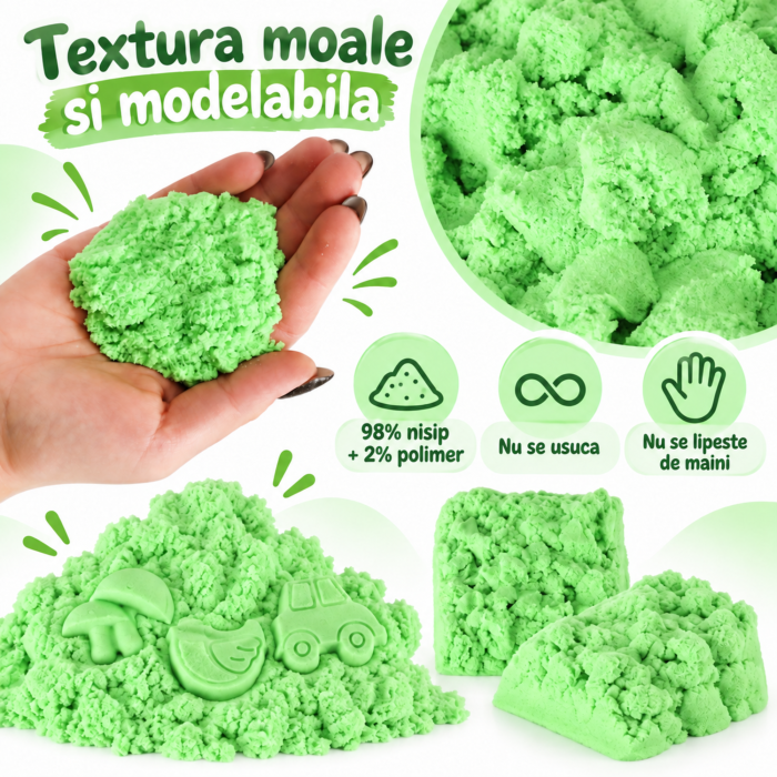 Nisip kinetic pentru copii VarioShop®, modelabil, reutilizabil, pentru joaca acasa, gradinita si activitati senzoriale, 1 kg, verde [2]