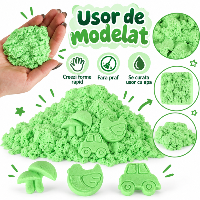 Nisip kinetic pentru copii VarioShop®, modelabil, reutilizabil, pentru joaca acasa, gradinita si activitati senzoriale, 1 kg, verde [5]