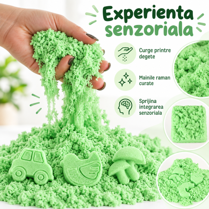 Nisip kinetic pentru copii VarioShop®, modelabil, reutilizabil, pentru joaca acasa, gradinita si activitati senzoriale, 1 kg, verde [3]