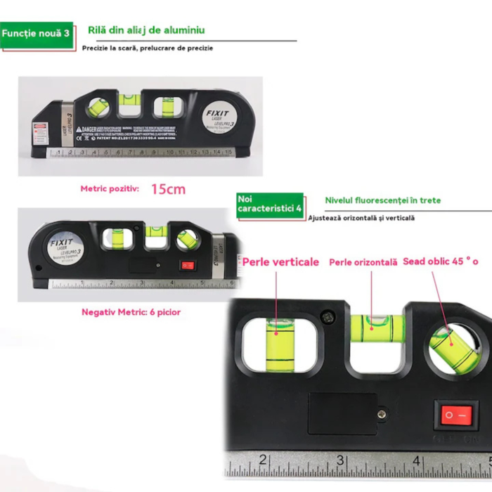 Nivela laser 3 in 1 VarioShop®, cu ruleta 2.5m si 3 libele, marcaj laser orizontal si vertical, alimentare pe baterii, compacta si usor de utilizat, ideala pentru lucrari DIY si profesionale, Negru [3]