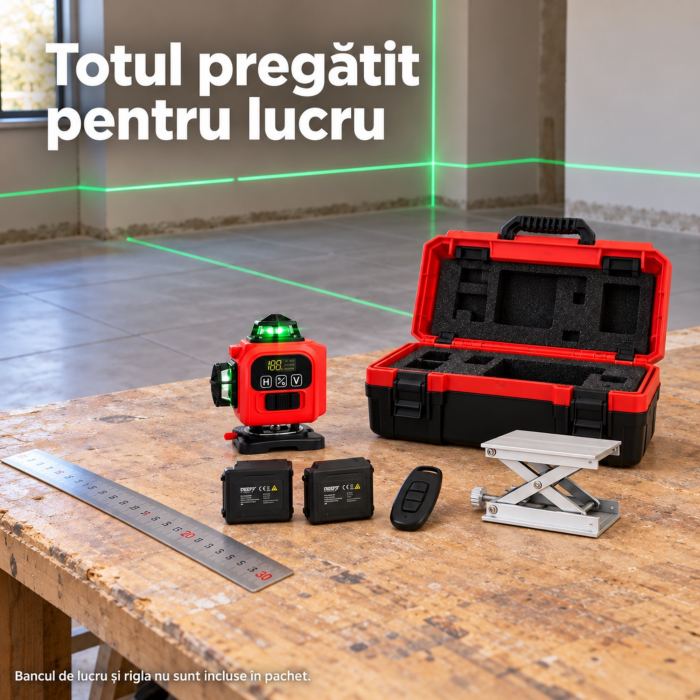 Nivela laser 4D 360° VarioShop®, 16 linii verzi, autonivelare ±3°, precizie ±1 mm/5 m, 9 accesorii incluse, 2 acumulatori 3000 mAh, telecomanda, suport magnetic, geanta de transport [8]