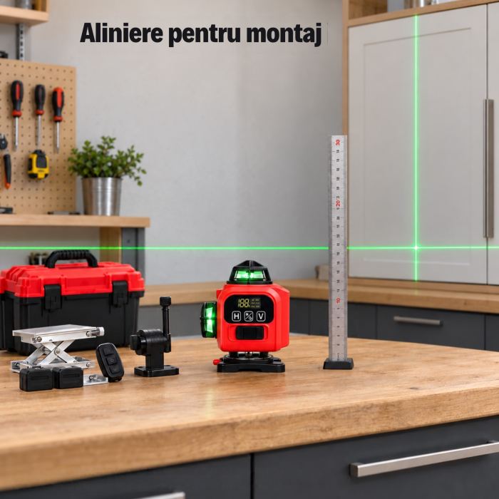 Nivela laser 4D 360° VarioShop®, 16 linii verzi, autonivelare ±3°, precizie ±1 mm/5 m, 9 accesorii incluse, 2 acumulatori 3000 mAh, telecomanda, suport magnetic, geanta de transport [7]