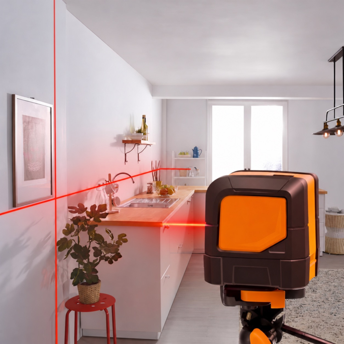 Nivela laser in cruce VarioShop®, 2 linii rosii, autonivelare, raza 15 m, precizie ±3 mm/10 m, IP54, 4 accesorii incluse suport magnetic, 2 baterii AA, geanta transport, 7,5 x 5,5 x 7,5 cm [8]