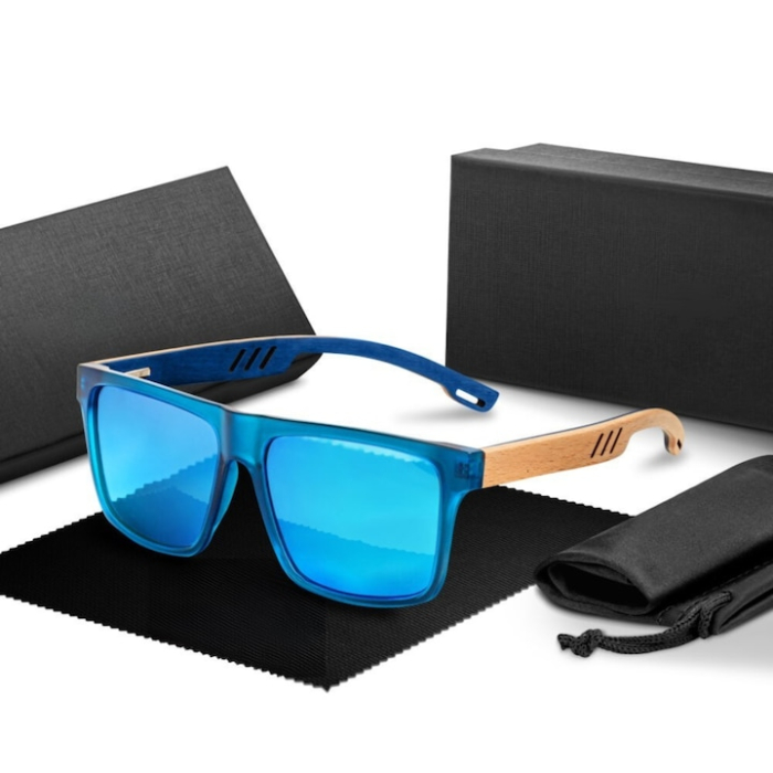 Ochelari de soare polarizati cu protectie UV400 VarioShop®, din lemn, rama eleganta si brate din lemn, cutie de protectie, Albastru [2]