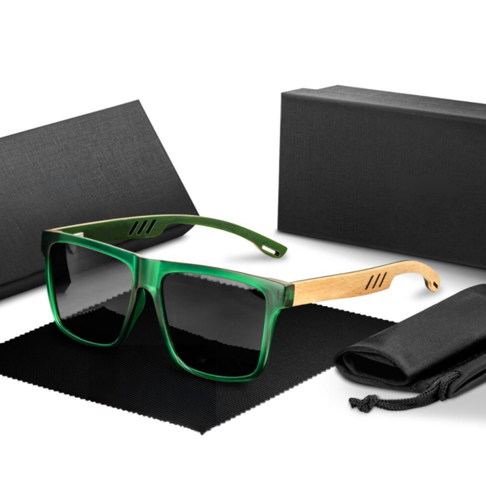 Ochelari de soare polarizati cu protectie UV400 VarioShop®, din lemn, rama eleganta si brate din lemn, cutie de protectie, Verde [2]