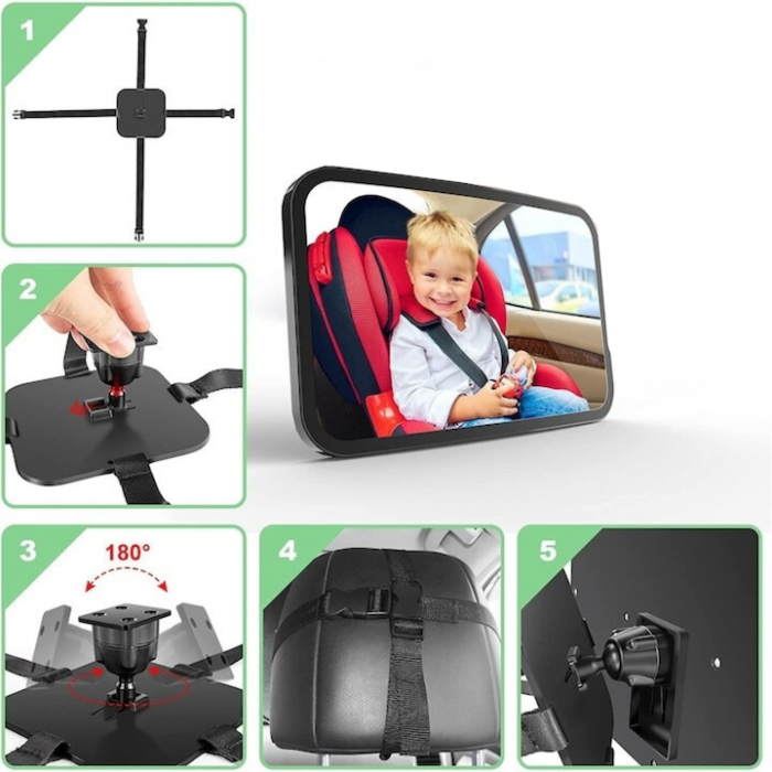 Oglinda auto supraveghere bebe VarioShop®, fixare tetiera, suport anti-alunecare, rotativa 360 grade, 30x18, 7cm, negru [7]