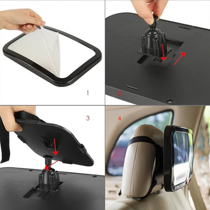 Oglinda auto supraveghere bebe VarioShop®, fixare tetiera, suport anti-alunecare, rotativa 360 grade, 30x18, 7cm, negru [10]