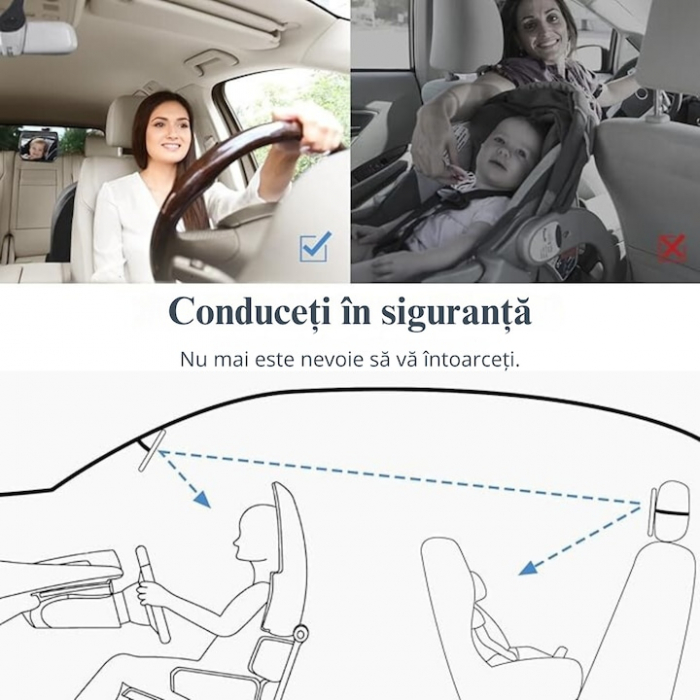 Oglinda auto supraveghere bebe VarioShop®, fixare tetiera, suport anti-alunecare, rotativa 360 grade, 30x18, 7cm, negru [8]