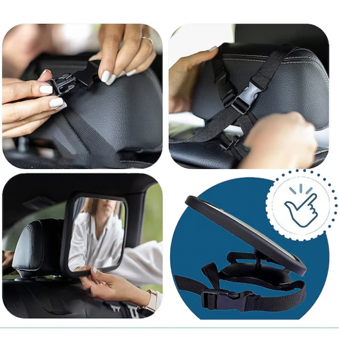 Oglinda auto supraveghere bebe VarioShop®, fixare tetiera, suport anti-alunecare, rotativa 360 grade, 30x18, 7cm, negru [4]