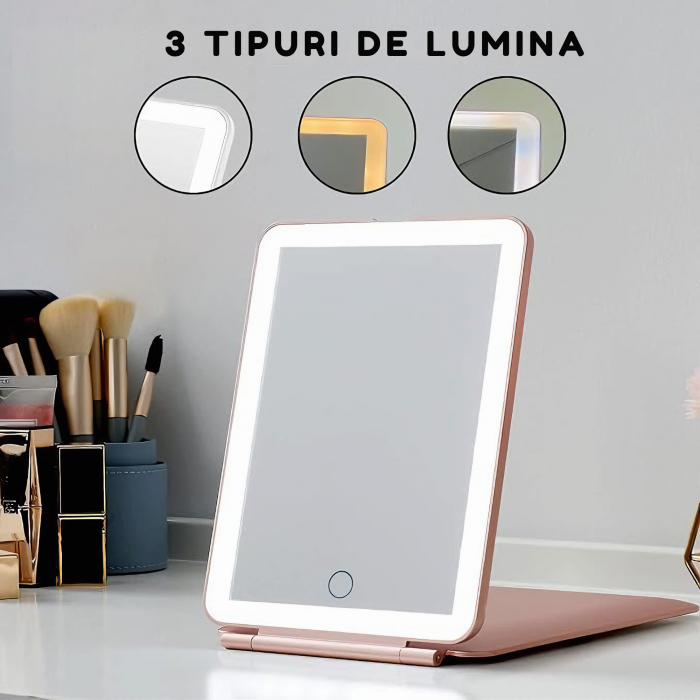 Oglinda cosmetica portabila VarioShop® cu iluminare LED, Putere 12 W, Timp de incarcare 2h, Timp de iluminare 2.5-3 h, Reincarcare prin USB, 3 tipuri de lumina, Dimensiuni 13.5 x 20 x 1.5 cm, Calitate [20]
