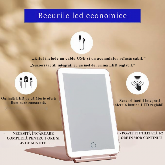 Oglinda cosmetica portabila VarioShop® cu iluminare LED, Putere 12 W, Timp de incarcare 2h, Timp de iluminare 2.5-3 h, Reincarcare prin USB, 3 tipuri de lumina, Dimensiuni 13.5 x 20 x 1.5 cm, Calitate [7]