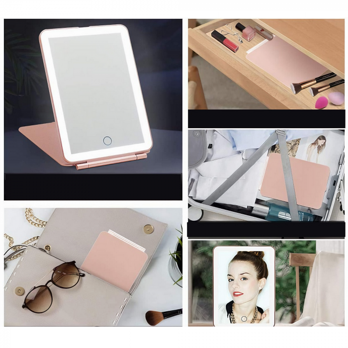 Oglinda cosmetica portabila VarioShop® cu iluminare LED, Putere 12 W, Timp de incarcare 2h, Timp de iluminare 2.5-3 h, Reincarcare prin USB, 3 tipuri de lumina, Dimensiuni 13.5 x 20 x 1.5 cm, Calitate [26]