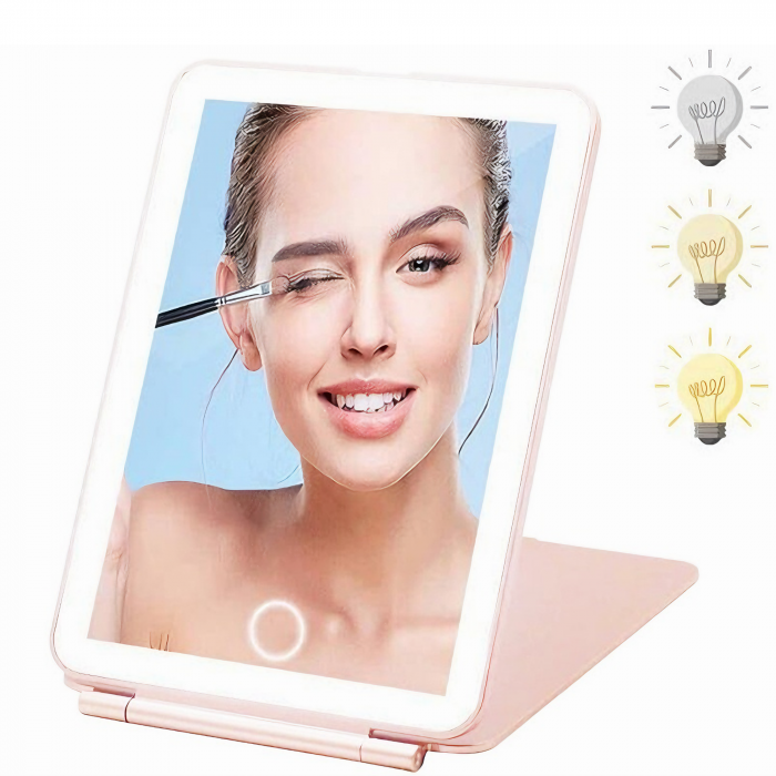 Oglinda cosmetica portabila VarioShop® cu iluminare LED, Putere 12 W, Timp de incarcare 2h, Timp de iluminare 2.5-3 h, Reincarcare prin USB, 3 tipuri de lumina, Dimensiuni 13.5 x 20 x 1.5 cm, Calitate [25]