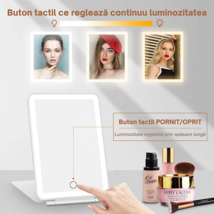 Oglinda Cosmetica VarioShop® cu Led pentru Machiaj, Usor de Transportat, Suport Stabil, Design Pliabil, Intensitate Reglabila, 3 Tipuri de Lumina, Rotire, cu Incarcator USB, 1000mAh, 20x13.5x1.5 cm, A [2]