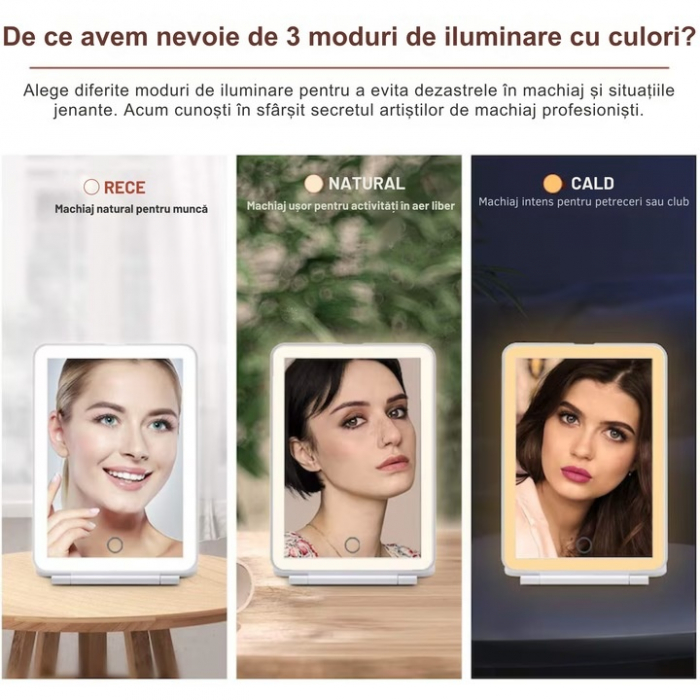 Oglinda Cosmetica VarioShop® cu Led pentru Machiaj, Usor de Transportat, Suport Stabil, Design Pliabil, Intensitate Reglabila, 3 Tipuri de Lumina, Rotire, cu Incarcator USB, 1000mAh, 20x13.5x1.5 cm, A [3]