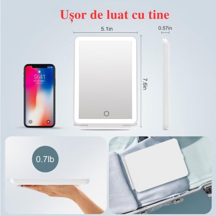 Oglinda Cosmetica VarioShop® cu Led pentru Machiaj, Usor de Transportat, Suport Stabil, Design Pliabil, Intensitate Reglabila, 3 Tipuri de Lumina, Rotire, cu Incarcator USB, 1000mAh, 20x13.5x1.5 cm, A [5]