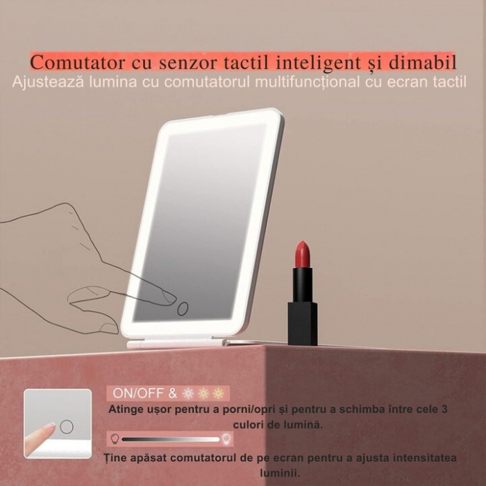 Oglinda Cosmetica VarioShop® cu Led pentru Machiaj, Usor de Transportat, Suport Stabil, Design Pliabil, Intensitate Reglabila, 3 Tipuri de Lumina, Rotire, cu Incarcator USB, 1000mAh, 20x13.5x1.5 cm, A [11]