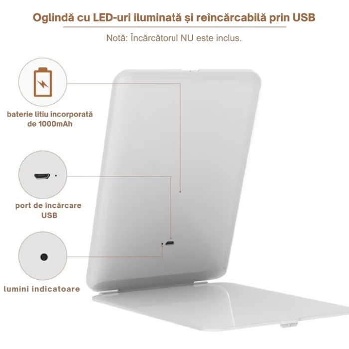 Oglinda Cosmetica VarioShop® cu Led pentru Machiaj, Usor de Transportat, Suport Stabil, Design Pliabil, Intensitate Reglabila, 3 Tipuri de Lumina, Rotire, cu Incarcator USB, 1000mAh, 20x13.5x1.5 cm, A [12]