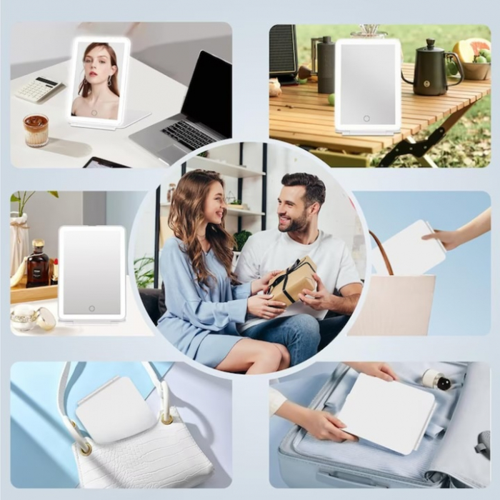 Oglinda Cosmetica VarioShop® cu Led pentru Machiaj, Usor de Transportat, Suport Stabil, Design Pliabil, Intensitate Reglabila, 3 Tipuri de Lumina, Rotire, cu Incarcator USB, 1000mAh, 20x13.5x1.5 cm, A [6]