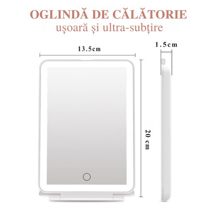 Oglinda Cosmetica VarioShop® cu Led pentru Machiaj, Usor de Transportat, Suport Stabil, Design Pliabil, Intensitate Reglabila, 3 Tipuri de Lumina, Rotire, cu Incarcator USB, 1000mAh, 20x13.5x1.5 cm, A [9]
