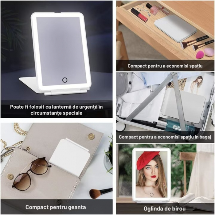 Oglinda Cosmetica VarioShop® cu Led pentru Machiaj, Usor de Transportat, Suport Stabil, Design Pliabil, Intensitate Reglabila, 3 Tipuri de Lumina, Rotire, cu Incarcator USB, 1000mAh, 20x13.5x1.5 cm, A [8]