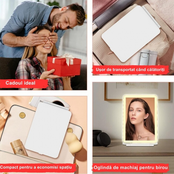 Oglinda Cosmetica VarioShop® cu Led pentru Machiaj, Usor de Transportat, Suport Stabil, Design Pliabil, Intensitate Reglabila, 3 Tipuri de Lumina, Rotire, cu Incarcator USB, 1000mAh, 20x13.5x1.5 cm, A [7]