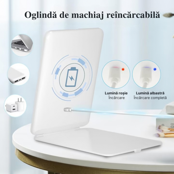 Oglinda Cosmetica VarioShop® cu Led pentru Machiaj, Usor de Transportat, Suport Stabil, Design Pliabil, Intensitate Reglabila, 3 Tipuri de Lumina, Rotire, cu Incarcator USB, 1000mAh, 20x13.5x1.5 cm, A [4]