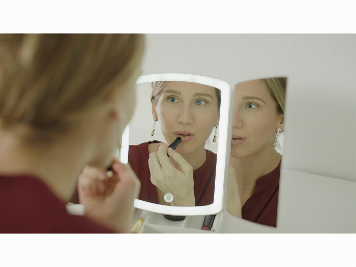 Oglinda cosmetica VarioShop® pentru machiaj cu iluminare LED, pliabila, oglinda cu marire de 5 ori, spatiu de depozitare, inalta calitate, 16.5x22.5 cm, alb [56]