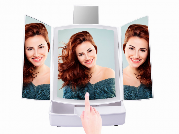 Oglinda cosmetica VarioShop® pentru machiaj cu iluminare LED, pliabila, oglinda cu marire de 5 ori, spatiu de depozitare, inalta calitate, 16.5x22.5 cm, alb [48]