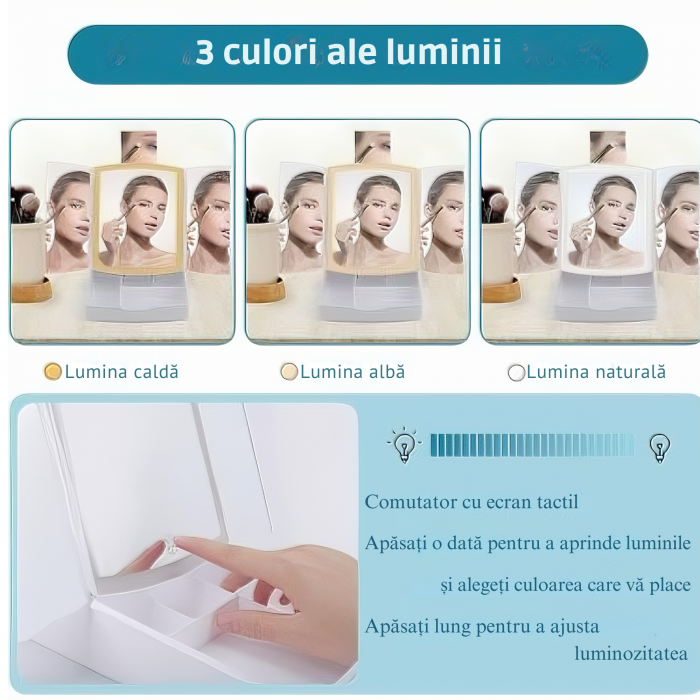 Oglinda cosmetica VarioShop® pentru machiaj cu iluminare LED, pliabila, oglinda cu marire de 5 ori, spatiu de depozitare, inalta calitate, 16.5x22.5 cm, alb [38]