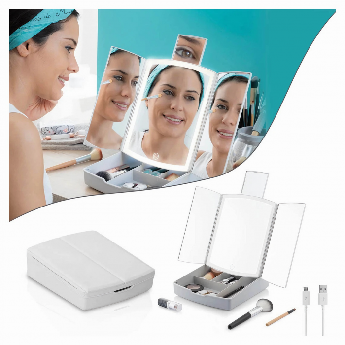 Oglinda cosmetica VarioShop® pentru machiaj cu iluminare LED, pliabila, oglinda cu marire de 5 ori, spatiu de depozitare, inalta calitate, 16.5x22.5 cm, alb [6]