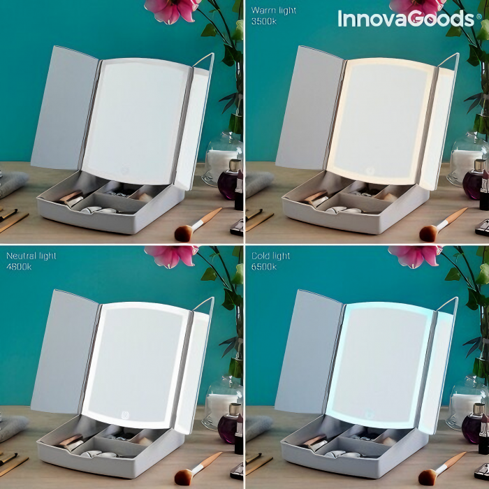 Oglinda cosmetica VarioShop® pentru machiaj cu iluminare LED, pliabila, oglinda cu marire de 5 ori, spatiu de depozitare, inalta calitate, 16.5x22.5 cm, alb [50]