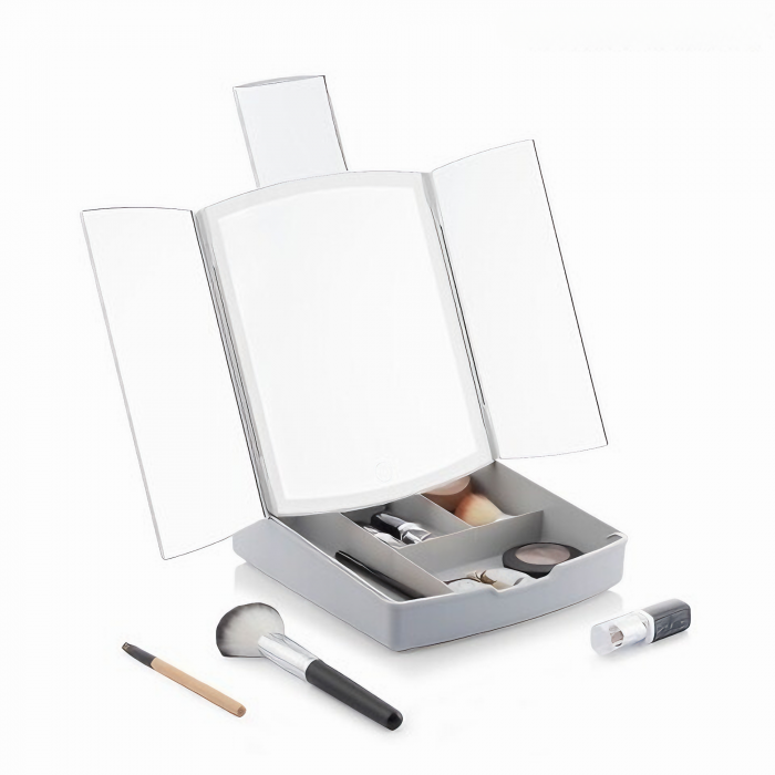 Oglinda cosmetica VarioShop® pentru machiaj cu iluminare LED, pliabila, oglinda cu marire de 5 ori, spatiu de depozitare, inalta calitate, 16.5x22.5 cm, alb [31]