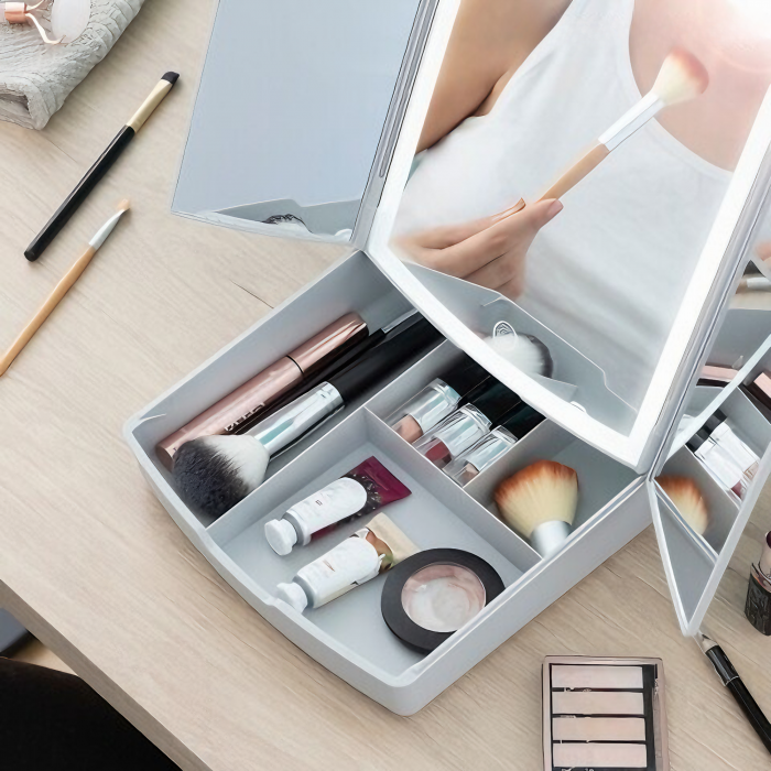 Oglinda cosmetica VarioShop® pentru machiaj cu iluminare LED, pliabila, oglinda cu marire de 5 ori, spatiu de depozitare, inalta calitate, 16.5x22.5 cm, alb [15]