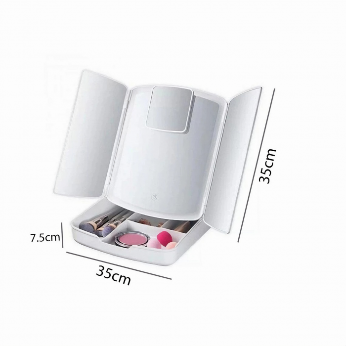 Oglinda cosmetica VarioShop® pentru machiaj cu iluminare LED, pliabila, oglinda cu marire de 5 ori, spatiu de depozitare, inalta calitate, 16.5x22.5 cm, alb [59]