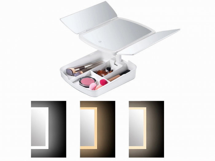 Oglinda cosmetica VarioShop® pentru machiaj cu iluminare LED, pliabila, oglinda cu marire de 5 ori, spatiu de depozitare, inalta calitate, 16.5x22.5 cm, alb [41]