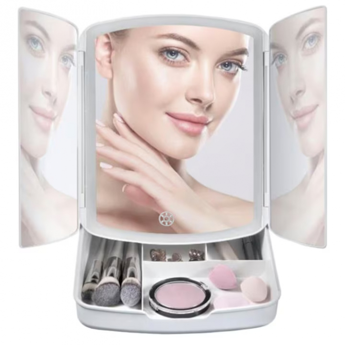 Oglinda cosmetica VarioShop® pentru machiaj cu iluminare LED, pliabila, oglinda cu marire de 5 ori, spatiu de depozitare, inalta calitate, 16.5x22.5 cm, alb [35]