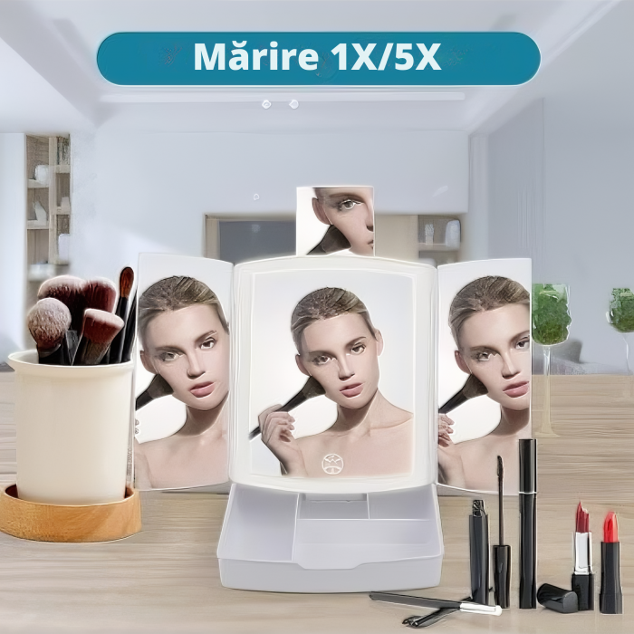 Oglinda cosmetica VarioShop® pentru machiaj cu iluminare LED, pliabila, oglinda cu marire de 5 ori, spatiu de depozitare, inalta calitate, 16.5x22.5 cm, alb [51]