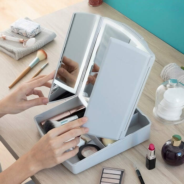 Oglinda cosmetica VarioShop® pentru machiaj cu iluminare LED, pliabila, oglinda cu marire de 5 ori, spatiu de depozitare, inalta calitate, 16.5x22.5 cm, alb [2]