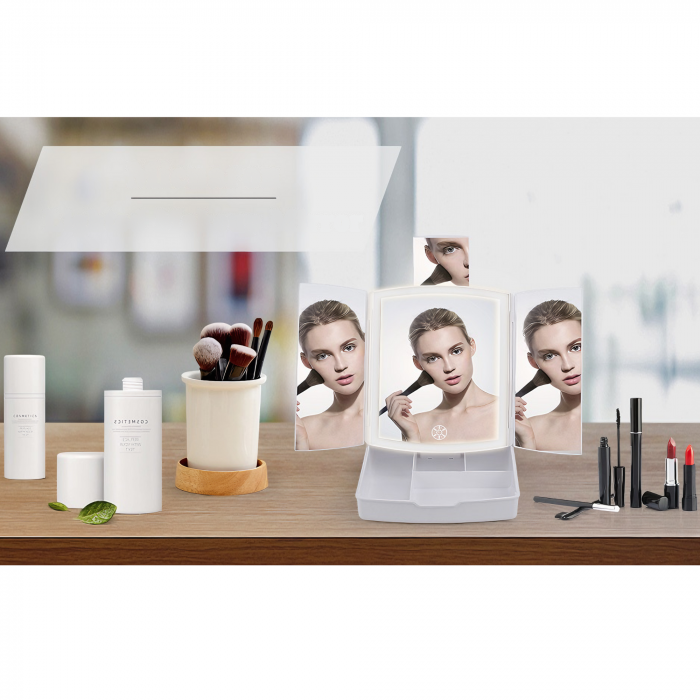 Oglinda cosmetica VarioShop® pentru machiaj cu iluminare LED, pliabila, oglinda cu marire de 5 ori, spatiu de depozitare, inalta calitate, 16.5x22.5 cm, alb [49]