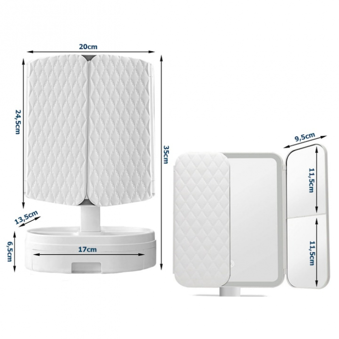 Oglinda LED VarioShop®, Lumina Calda/Neutra/Rece, Pliabila, Portabila, Unghi Inclinare Ajustabil, Compartimente pentru Depozitare, Suport cu Picior, Marire 2X/3 X, Alb [13]