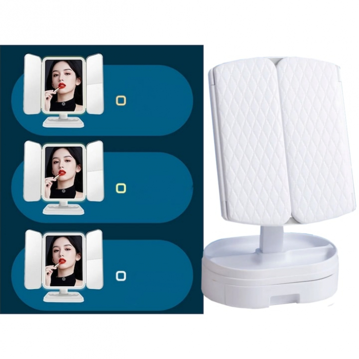 Oglinda LED VarioShop®, Lumina Calda/Neutra/Rece, Pliabila, Portabila, Unghi Inclinare Ajustabil, Compartimente pentru Depozitare, Suport cu Picior, Marire 2X/3 X, Alb [7]