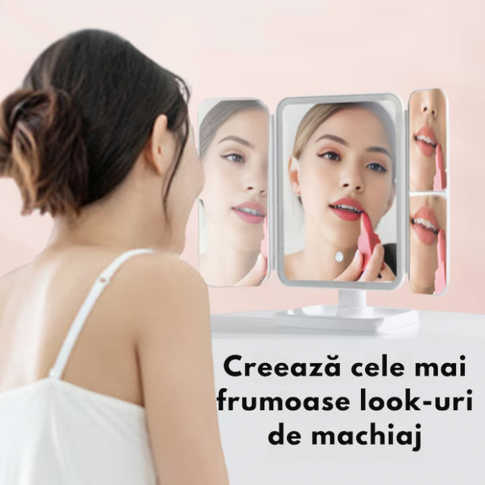 Oglinda LED VarioShop®, Lumina Calda/Neutra/Rece, Pliabila, Portabila, Unghi Inclinare Ajustabil, Compartimente pentru Depozitare, Suport cu Picior, Marire 2X/3 X, Alb [3]