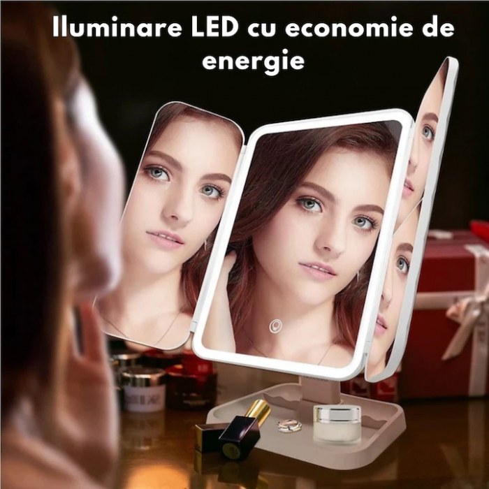 Oglinda LED VarioShop®, Lumina Calda/Neutra/Rece, Pliabila, Portabila, Unghi Inclinare Ajustabil, Compartimente pentru Depozitare, Suport cu Picior, Marire 2X/3 X, Alb [2]