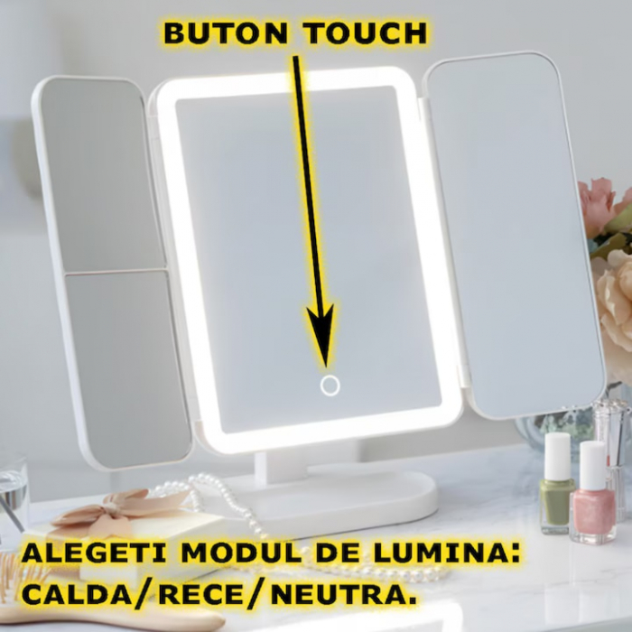 Oglinda LED VarioShop®, Lumina Calda/Neutra/Rece, Pliabila, Portabila, Unghi Inclinare Ajustabil, Compartimente pentru Depozitare, Suport cu Picior, Marire 2X/3 X, Alb [4]