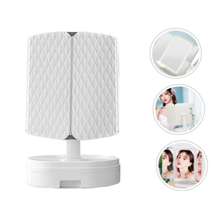 Oglinda LED VarioShop®, Lumina Calda/Neutra/Rece, Pliabila, Portabila, Unghi Inclinare Ajustabil, Compartimente pentru Depozitare, Suport cu Picior, Marire 2X/3 X, Alb [11]