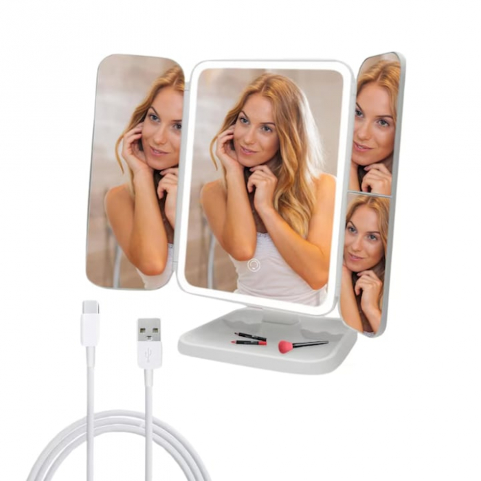 Oglinda LED VarioShop®, Lumina Calda/Neutra/Rece, Pliabila, Portabila, Unghi Inclinare Ajustabil, Compartimente pentru Depozitare, Suport cu Picior, Marire 2X/3 X, Alb [10]