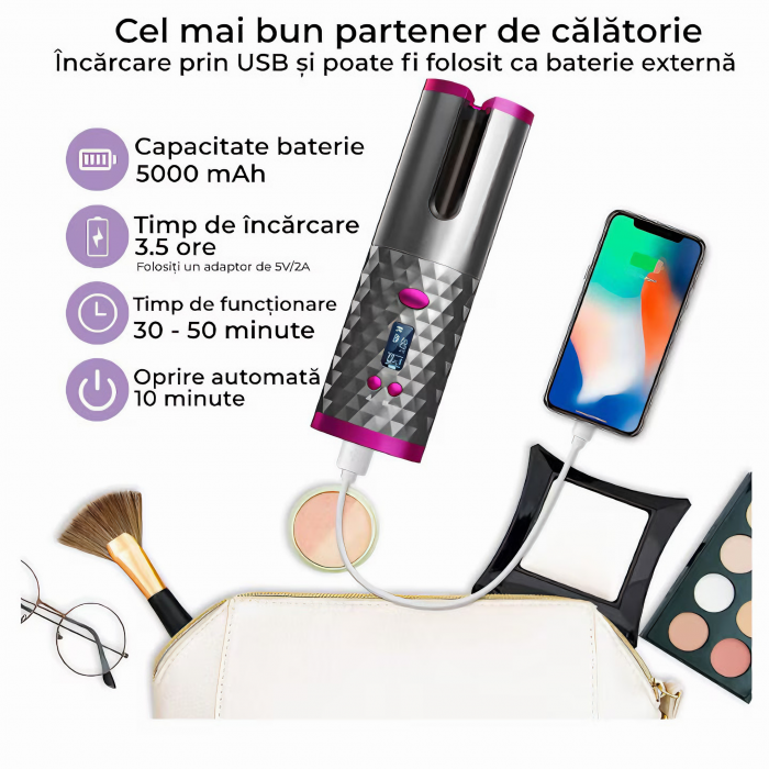 Ondulator automat portabil VarioShop®, invelis ceramic, fara fir, protectie avansata, temperatura reglabila 150-200 grade, potrivit pentru orice tip de par, baterie durabila, ideal pentru calatorii, i [7]