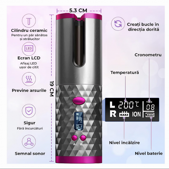 Ondulator automat portabil VarioShop®, invelis ceramic, fara fir, protectie avansata, temperatura reglabila 150-200 grade, potrivit pentru orice tip de par, baterie durabila, ideal pentru calatorii, i [5]